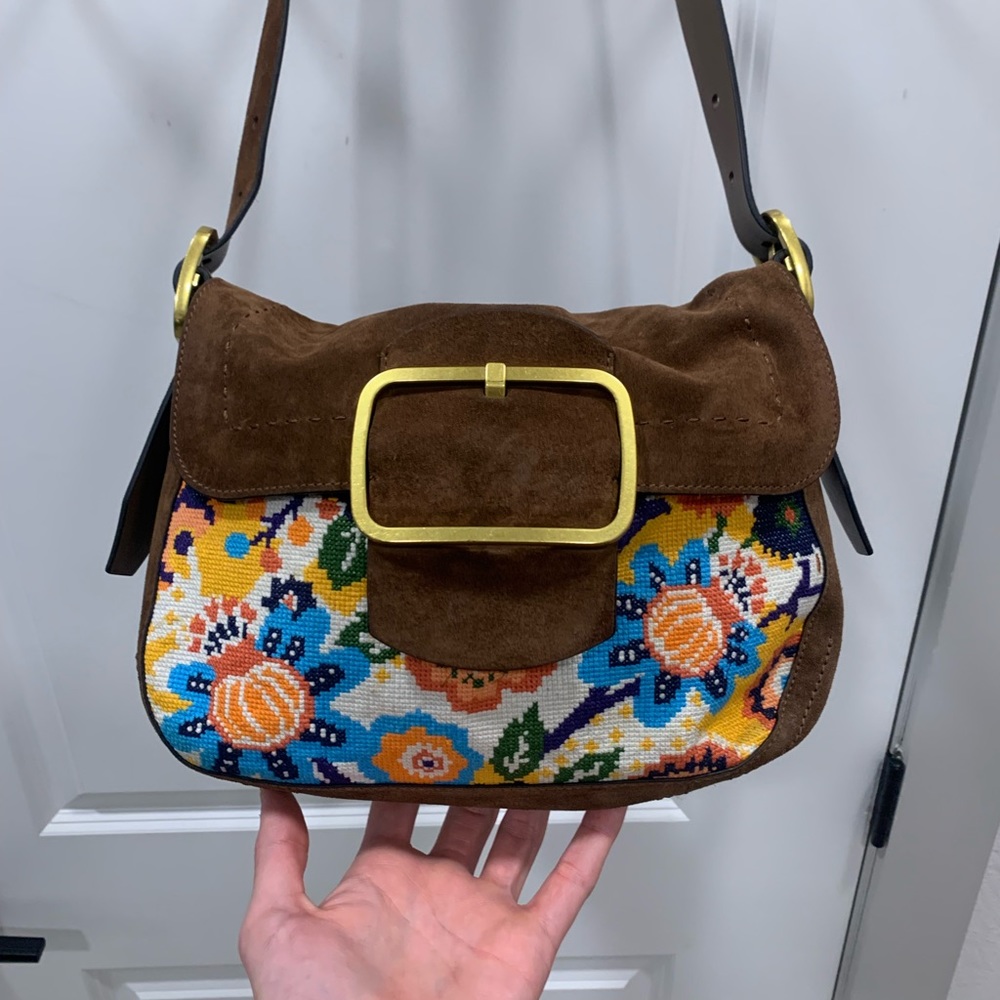 Tory Burch Sawyer Needlepoint Suede Shoulder Bag Brown Multicolored Florals - Picture 2 of 15